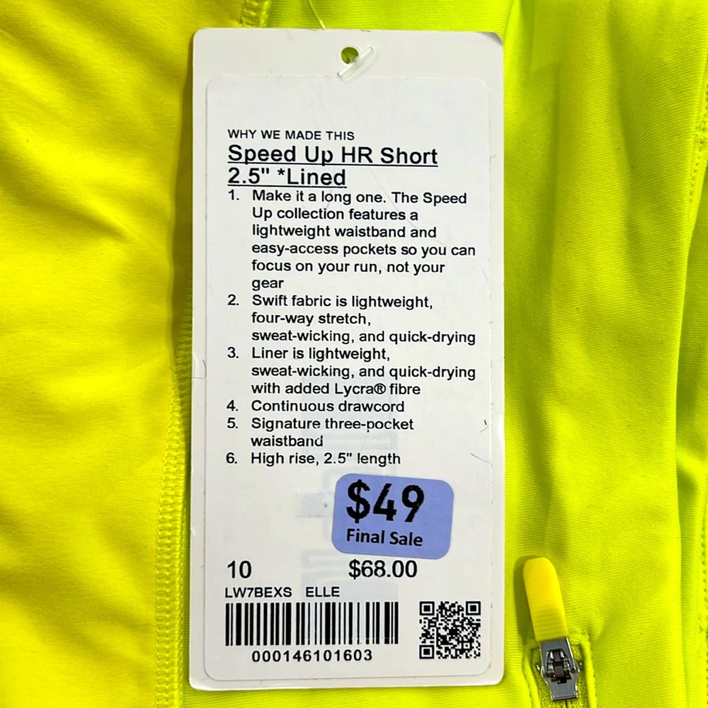 NWT Lululemon Electric Lemon Speed Up HR Short 2.5 Lined size 10